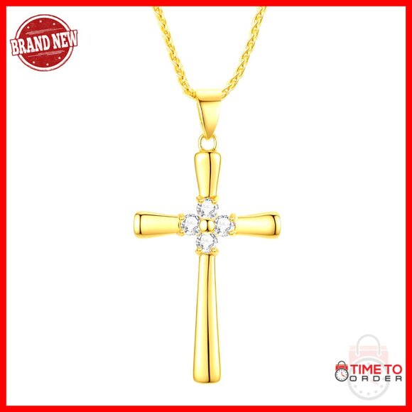 18K Gold Filled Moissanite Cross Pendant Necklace with Light Up Box - Picture 1 of 7